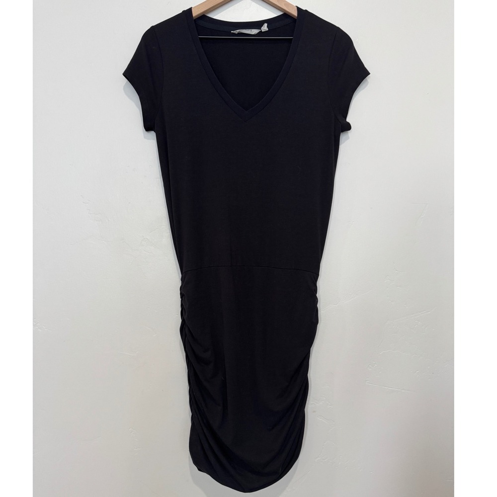 Athleta Topanga Dress Black Ruched V-Neck Short‎ Sleeve Jersey Knit S Athleisure